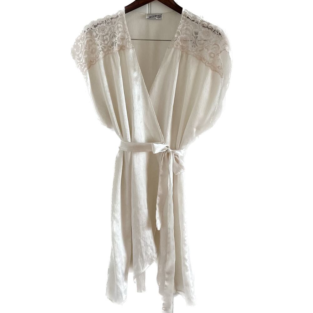 Lily of France vintage lace shoulder side tie wrap robe white pink size large L